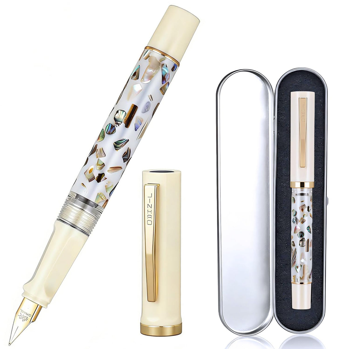 Jinhao 58 Fountain Pen - Natural Sea Shell Inlay Fine Nib Writing Pen with 3.4mm Ink Converter & Silver Metal Gift Box,Matte Black
