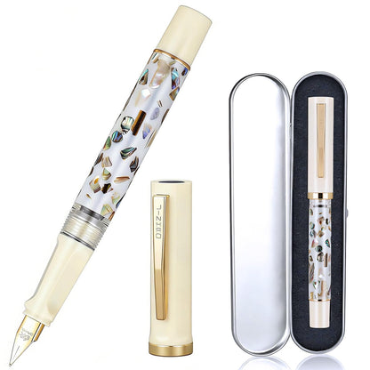 Jinhao 58 Fountain Pen - Natural Sea Shell Inlay Fine Nib Writing Pen with 3.4mm Ink Converter & Silver Metal Gift Box,Matte Black
