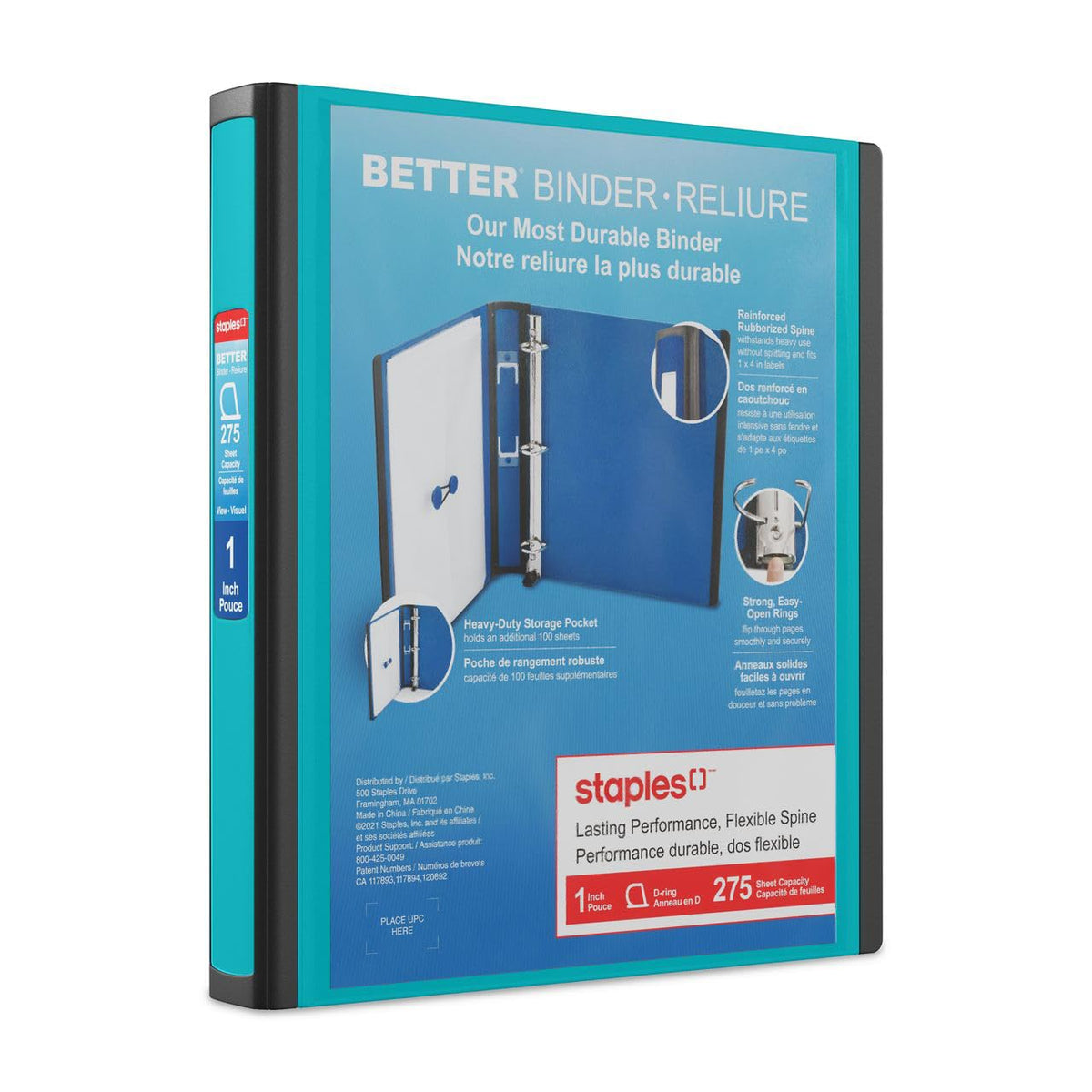 Staples Better Binder, 3 Inch D-Ring, Blue, Reinforced Rubber Spine