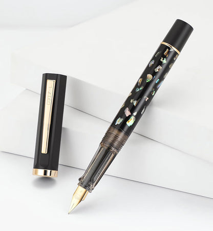 Jinhao 58 Fountain Pen - Natural Sea Shell Inlay Fine Nib Writing Pen with 3.4mm Ink Converter & Silver Metal Gift Box,Matte Black