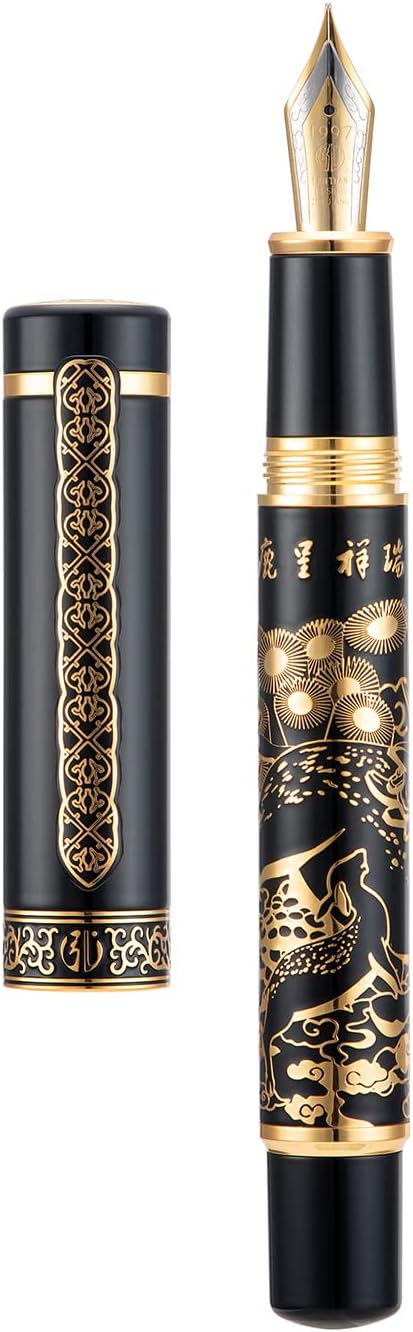 HONG DIAN 8037 Chinese Classical Fountain Pen, Iridum Extra Fine Gold Nib with Chinese Deer Totem Design, Smooth Writing Pen with Ink Converter and Metal Pen Box Set