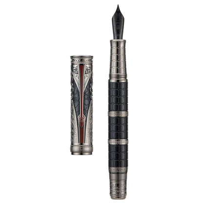 Hongdian D5X Fountain Pen Black Fine Nib, Qin Dynasty Retro Chinese Totem Engraving with Converter and Pen Box Set