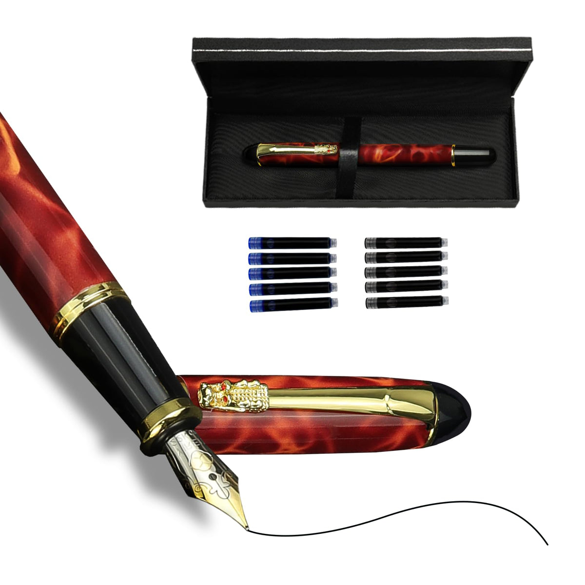 YUNCHUN Marble Fountain Pen for Writing, Refillable Luxury Metal Pens with Ink Pen with 10 Black and 10 Blue Ink Refills, Business Writing Fountain Pen for Men and Women, Marble Black
