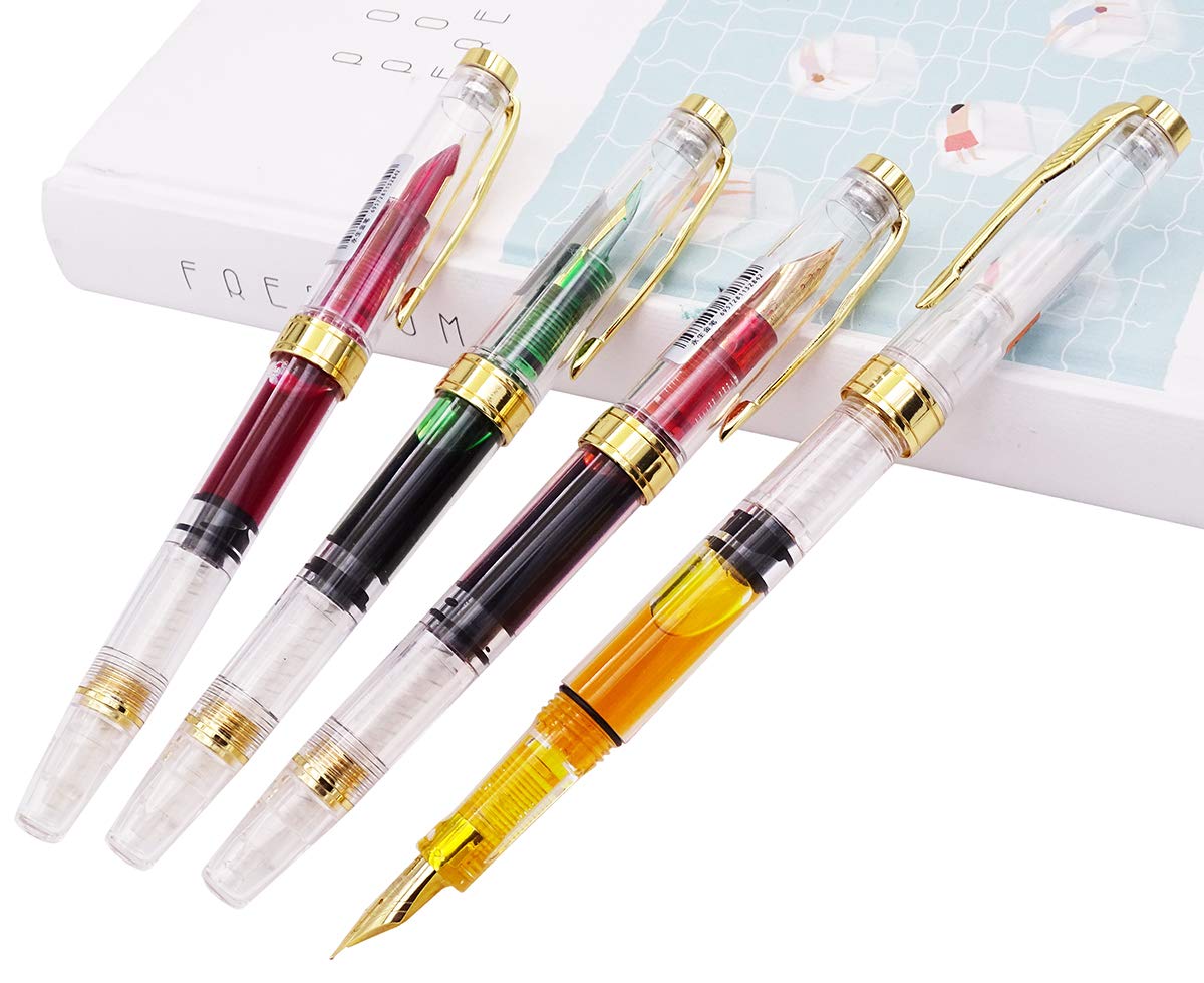 Lanxivi Yongsheng 3008 Piston Fountain Pen EF Extra Fine Nib,Transparent SilverTrim 4 Colors Set