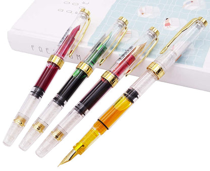 Lanxivi Yongsheng 3008 Piston Fountain Pen EF Extra Fine Nib,Transparent SilverTrim 4 Colors Set