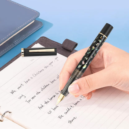 Jinhao 58 Fountain Pen - Natural Sea Shell Inlay Fine Nib Writing Pen with 3.4mm Ink Converter & Silver Metal Gift Box,Matte Black