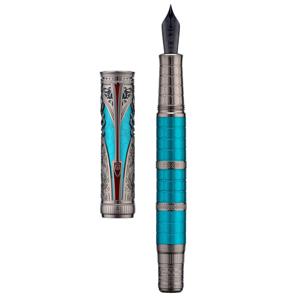 Hongdian D5X Fountain Pen Black Fine Nib, Qin Dynasty Retro Chinese Totem Engraving with Converter and Pen Box Set