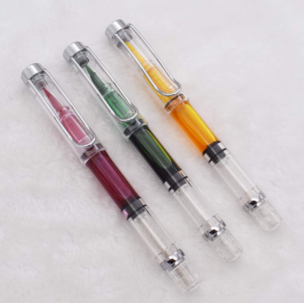 Lanxivi Yongsheng 3008 Piston Fountain Pen EF Extra Fine Nib,Transparent SilverTrim 4 Colors Set