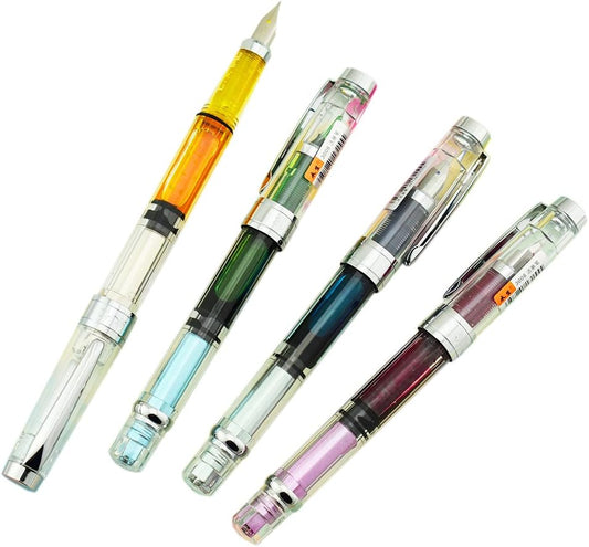 Lanxivi Yongsheng 3008 Piston Fountain Pen EF Extra Fine Nib,Transparent SilverTrim 4 Colors Set