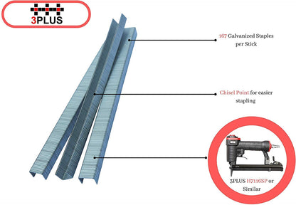 3PLUS 71/06 22 Gauge 3/8-Inch (9mm) Crown 1/4-Inch Leg Length Galvanized Fine Wire Staples, Interchangeable with 71 Series Staples (10,000 per Box)