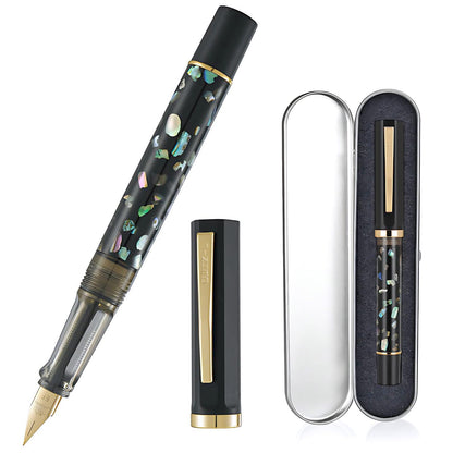 Jinhao 58 Fountain Pen - Natural Sea Shell Inlay Fine Nib Writing Pen with 3.4mm Ink Converter & Silver Metal Gift Box,Matte Black