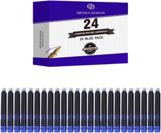 Dryden Designs Fountain Pen Ink Cartridges - Set of 24 Blue Ink CARTRIDGES - Short International Standard Size - Disposable and Generic Ink Refill Cartridges - Perfect for Calligraphy.