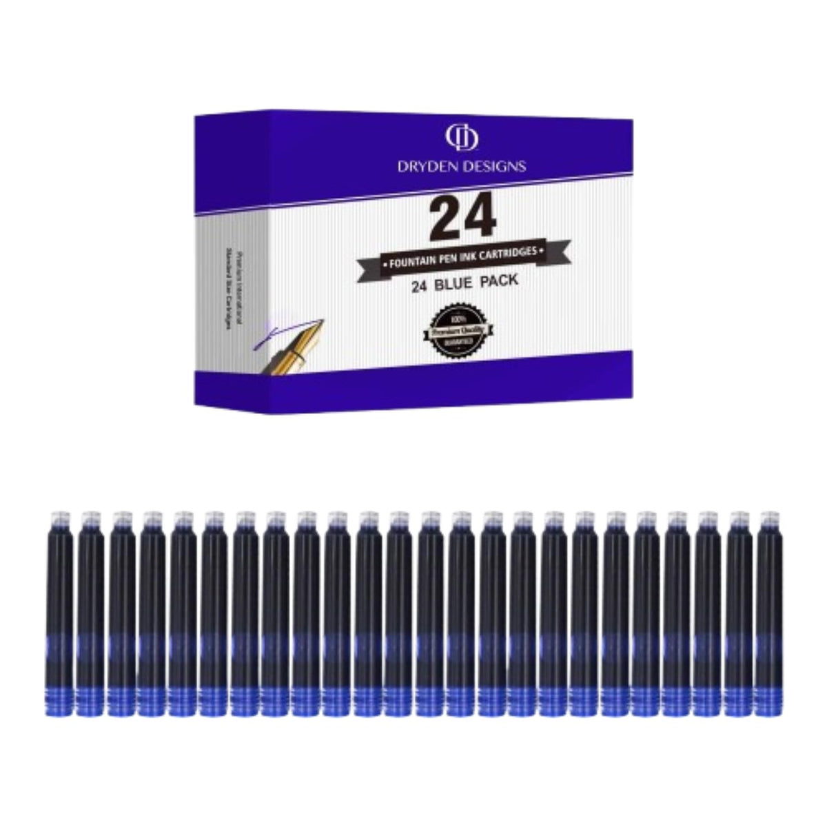 Dryden Designs Fountain Pen Ink Cartridges - Set of 24 Blue Ink CARTRIDGES - Short International Standard Size - Disposable and Generic Ink Refill Cartridges - Perfect for Calligraphy.