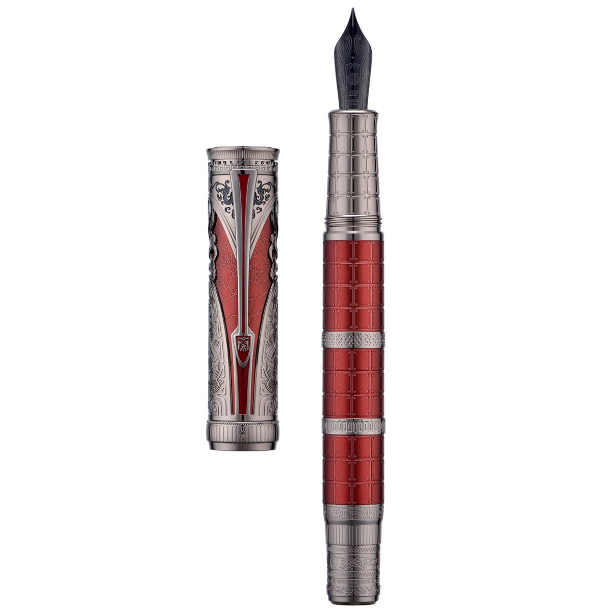 Hongdian D5X Fountain Pen Black Fine Nib, Qin Dynasty Retro Chinese Totem Engraving with Converter and Pen Box Set