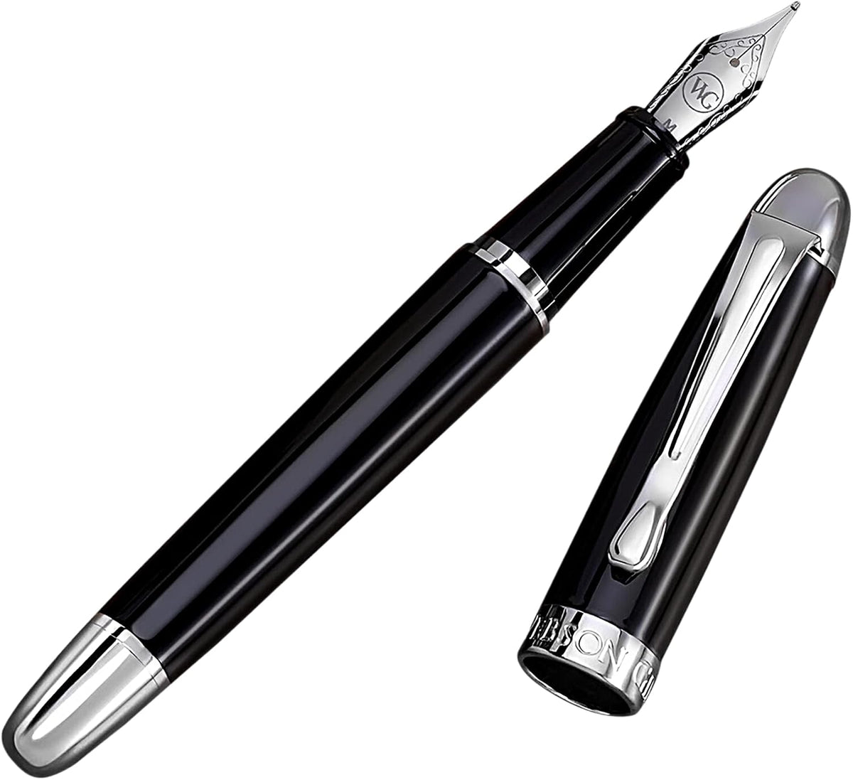 'The Boss' Black Luxury Executive Fountain Pen, Polished Lacquer, Chrome Accents, Stainless Steel Nib, Easy Refill Ink Piston Converter, Smudge Free, No Bleed, Fits Our Instant Insert Ink Cartridges