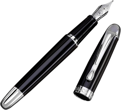 'The Boss' Black Luxury Executive Fountain Pen, Polished Lacquer, Chrome Accents, Stainless Steel Nib, Easy Refill Ink Piston Converter, Smudge Free, No Bleed, Fits Our Instant Insert Ink Cartridges