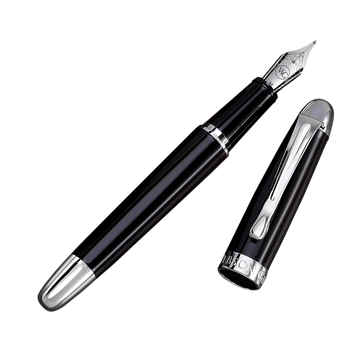 'The Boss' Black Luxury Executive Fountain Pen, Polished Lacquer, Chrome Accents, Stainless Steel Nib, Easy Refill Ink Piston Converter, Smudge Free, No Bleed, Fits Our Instant Insert Ink Cartridges