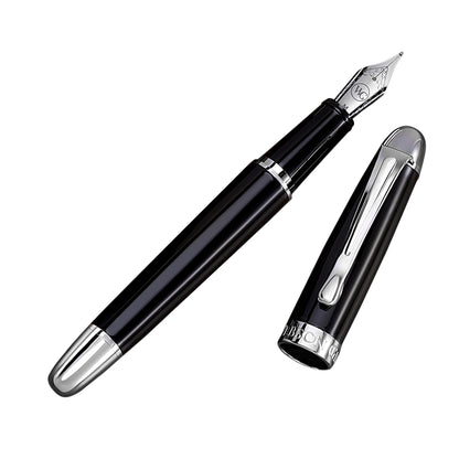 'The Boss' Black Luxury Executive Fountain Pen, Polished Lacquer, Chrome Accents, Stainless Steel Nib, Easy Refill Ink Piston Converter, Smudge Free, No Bleed, Fits Our Instant Insert Ink Cartridges