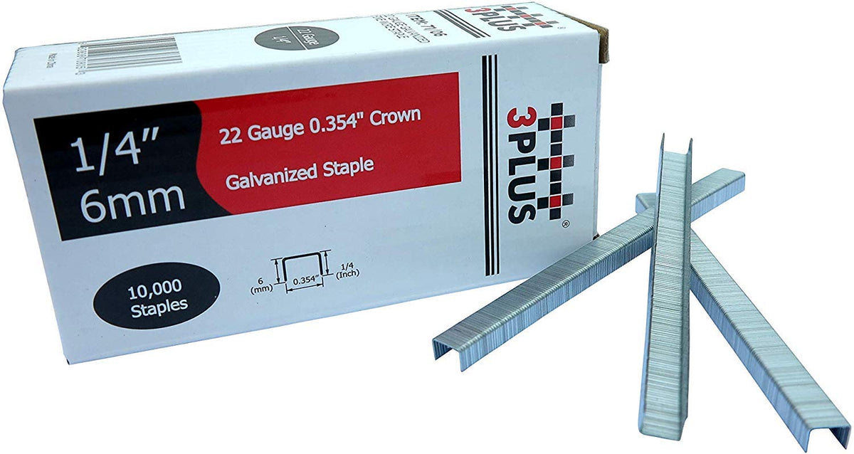 3PLUS 71/06 22 Gauge 3/8-Inch (9mm) Crown 1/4-Inch Leg Length Galvanized Fine Wire Staples, Interchangeable with 71 Series Staples (10,000 per Box)