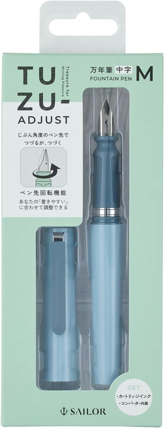Sailor Fountain Pen TUZU ADJUST, Rotating Nib Feature and Natural Fit Grip, Includes 2 Ink Cartridges and Converter, Beginner, Everyday Use, Light Blue, Medium Point, 12-0541-441