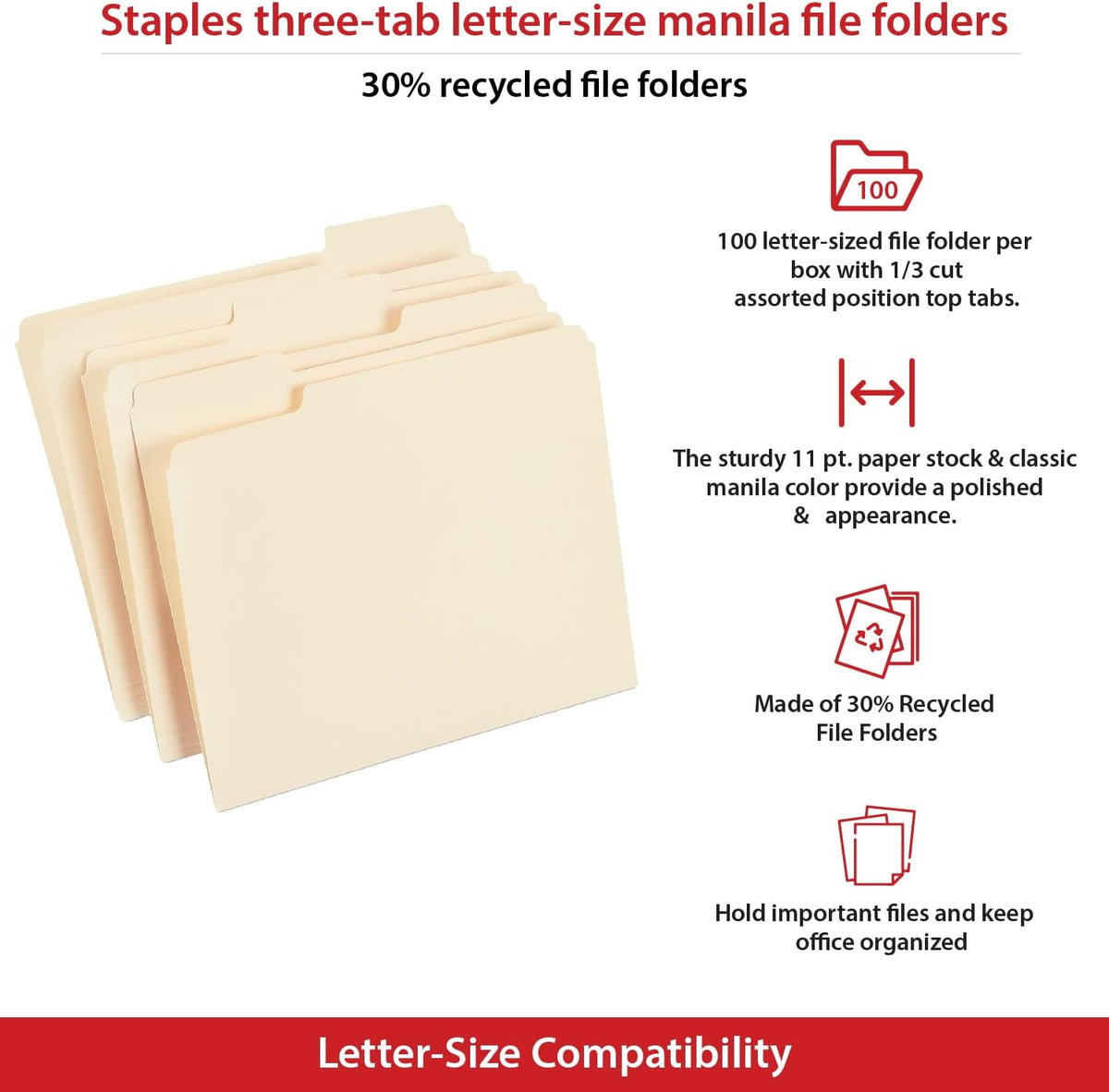 Staples File Folders, Letter Size, 1/3-Cut Tabs, Manila, 100/Pack