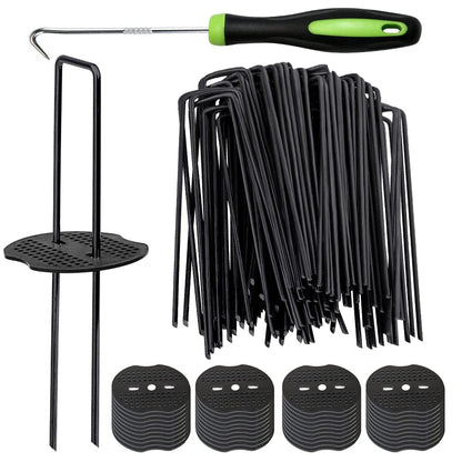 Bakulyor 50pcs Green Artificial Turf Stakes Staples + 50pcs Buffer Washer, 6 Inch 11 Gauge Landscape Staples, Galvanized Lawn Spikes, Heavy Duty Yard Ground Pin for Grass Weed Barrier Sod Fabric