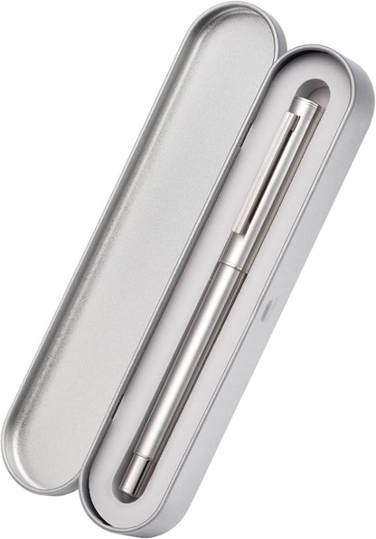 HONG DIAN Forest Pro Silver Stainless Steel Fountain Pen, Extra Fine Nib Classic Design Smooth Writing Pen with Converter and Metal Pen Case Set