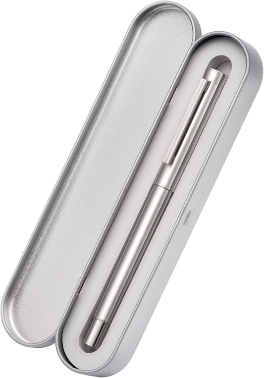 HONG DIAN Forest Pro Silver Stainless Steel Fountain Pen, Extra Fine Nib Classic Design Smooth Writing Pen with Converter and Metal Pen Case Set