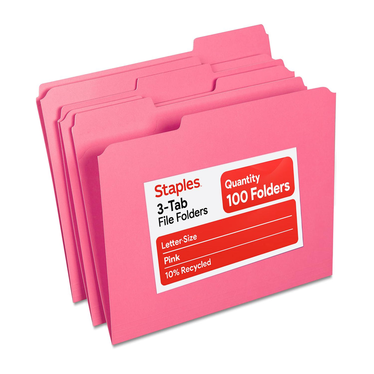 Staples Reinforced Colored File Folders, Letter, 3-Tab, Red, 100/Bx