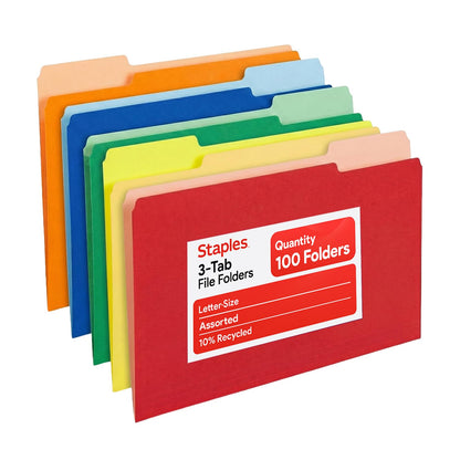 Staples File Folders, Letter Size, 1/3-Cut Tabs, Manila, 100/Pack