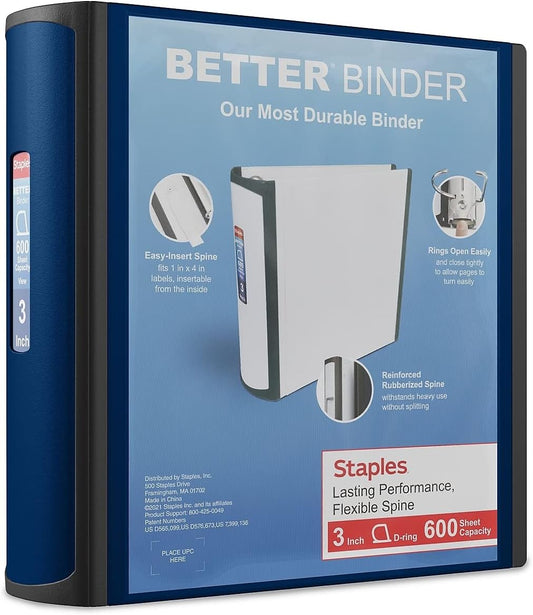 Staples Better Binder, 3 Inch D-Ring, Blue, Reinforced Rubber Spine