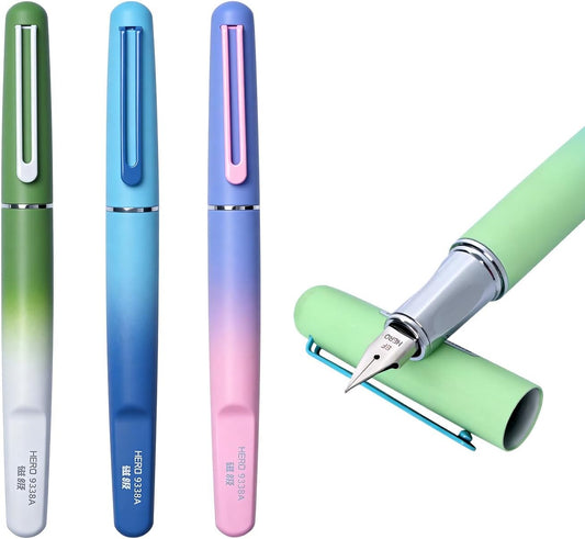 HERO 9338A Student Fountain Pen with Magnetic Cap, 0.38mm Extra Fine Iridium Nib, Gradient White Green Finish, Beginner Pen for School & Present Gift, Smooth Writing for Journaling & Calligraphy