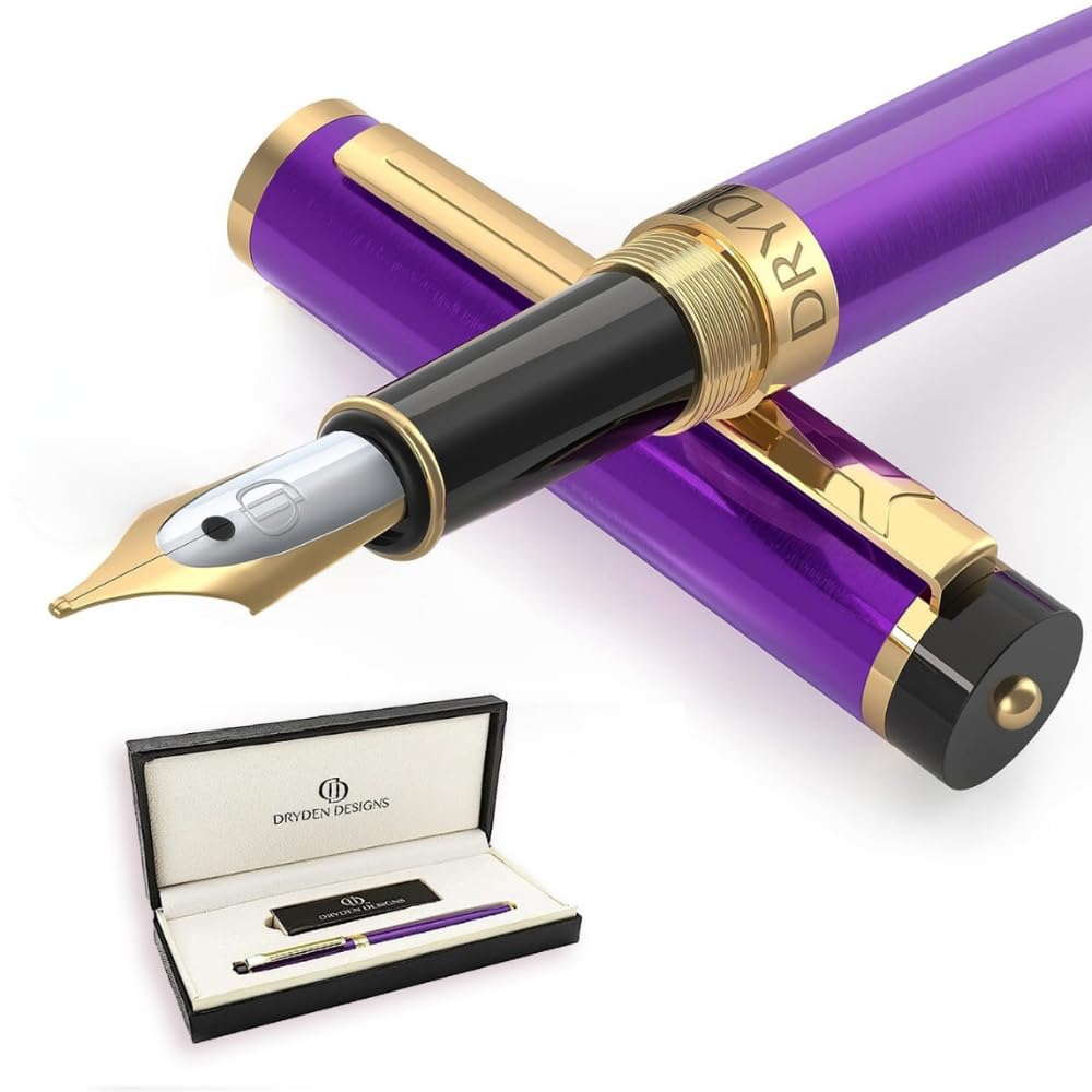 Dryden Designs Fountain Pen. Medium Nib Premium Box | 6 Ink Cartridges Included (Royal Red)