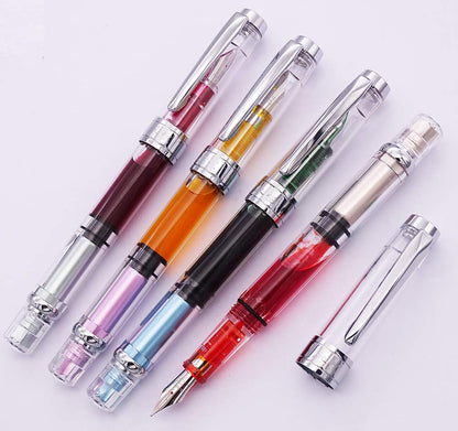 Lanxivi Yongsheng 3008 Piston Fountain Pen EF Extra Fine Nib,Transparent SilverTrim 4 Colors Set