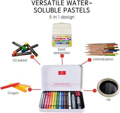 12 Colors Water-Soluble Pastel Crayons Set, Multi-Technique Art Kit with Brush & Palette, Versatile for Watercolor, Oil Pastel & Ink Effects, Easy Blending for Beginners, Sketching & Creative Drawing