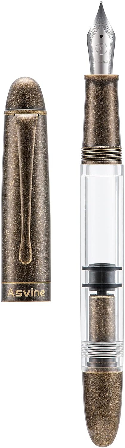 Asvine P30 Piston Fountain Pen Extra Fine, Retro Brass Style, Transparent Acrylic Large Ink Capacity Writing Gift Box