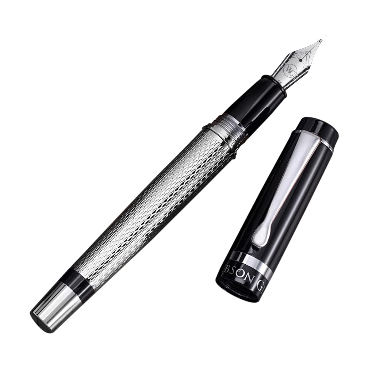 'The Boss' Black Luxury Executive Fountain Pen, Polished Lacquer, Chrome Accents, Stainless Steel Nib, Easy Refill Ink Piston Converter, Smudge Free, No Bleed, Fits Our Instant Insert Ink Cartridges
