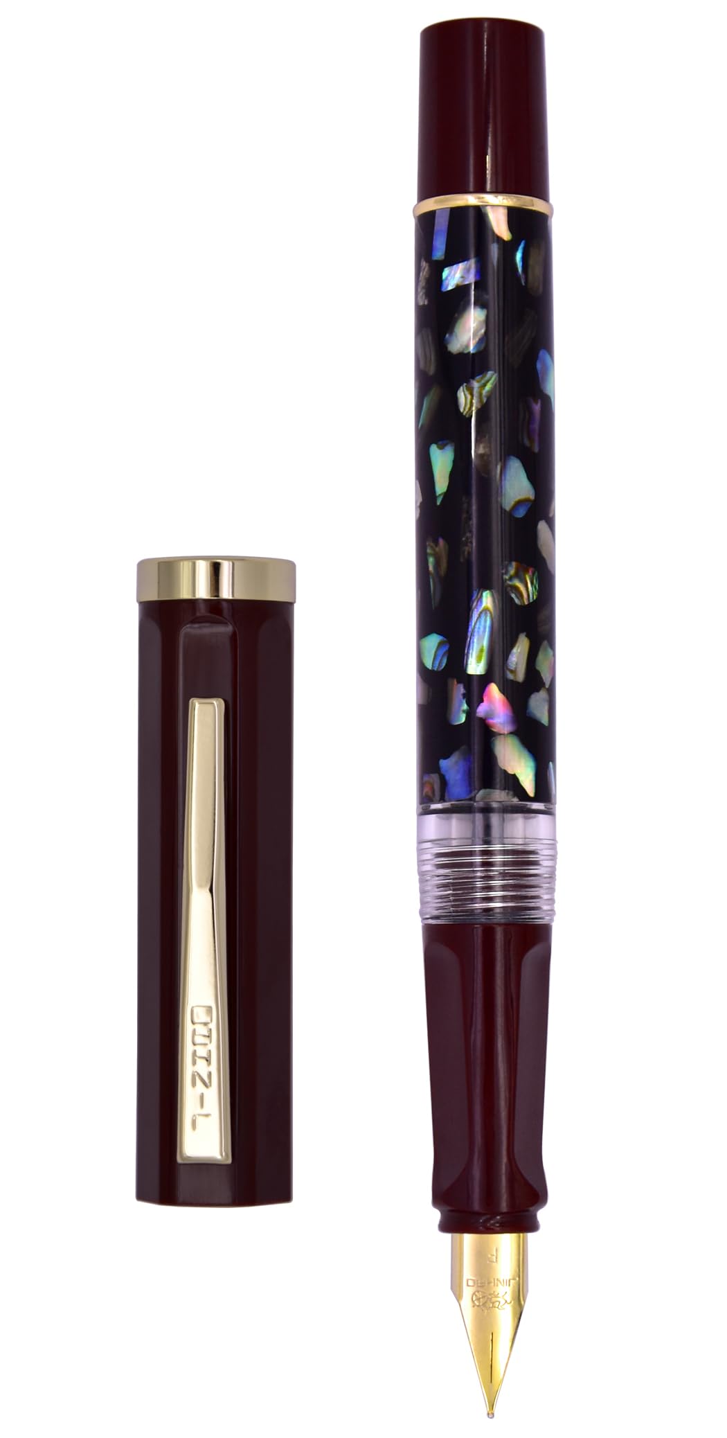 XIAOYU Retro Jinhao 58 Fountain Pen, Unique Sea Shell Inlay Design, Gold Trim with Ink Converter, Iridium Extra Fine Nib(0.38mm), Ivory White(White Shell)