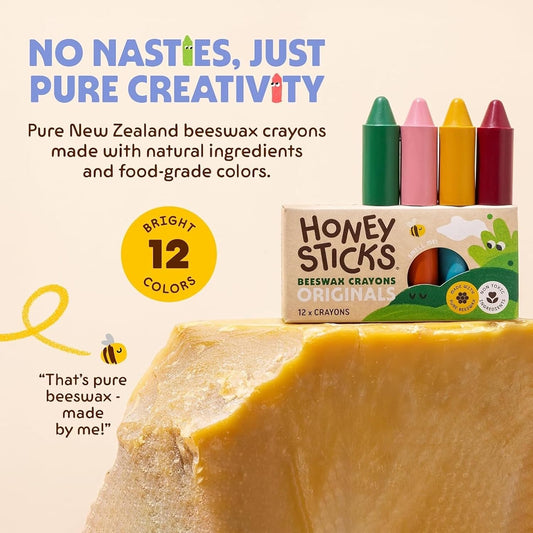 Honeysticks 100% Pure Beeswax Crayons (12 Pack) - for Baby 1+, Toddlers 1-3