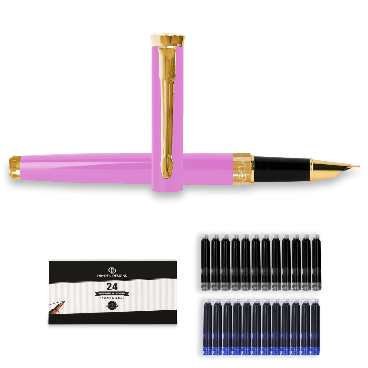 Dryden Designs Fine Nib Fountain Pen - Includes 24 Ink Cartridges - 12 Black and 12 Blue - Silver - Smooth Elegant Writing with Fine Nib and Ink Converters