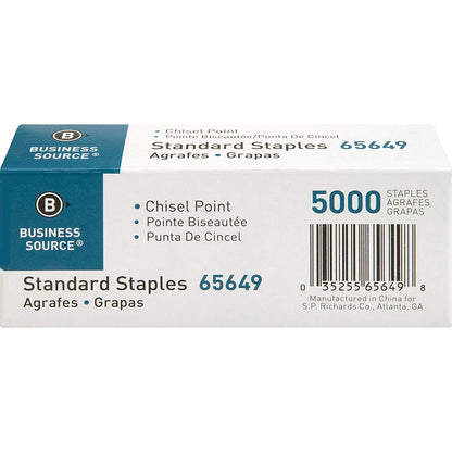 Business Source Chisel Point Standard Staples - Box of 5000 (65649) - 5 Pack