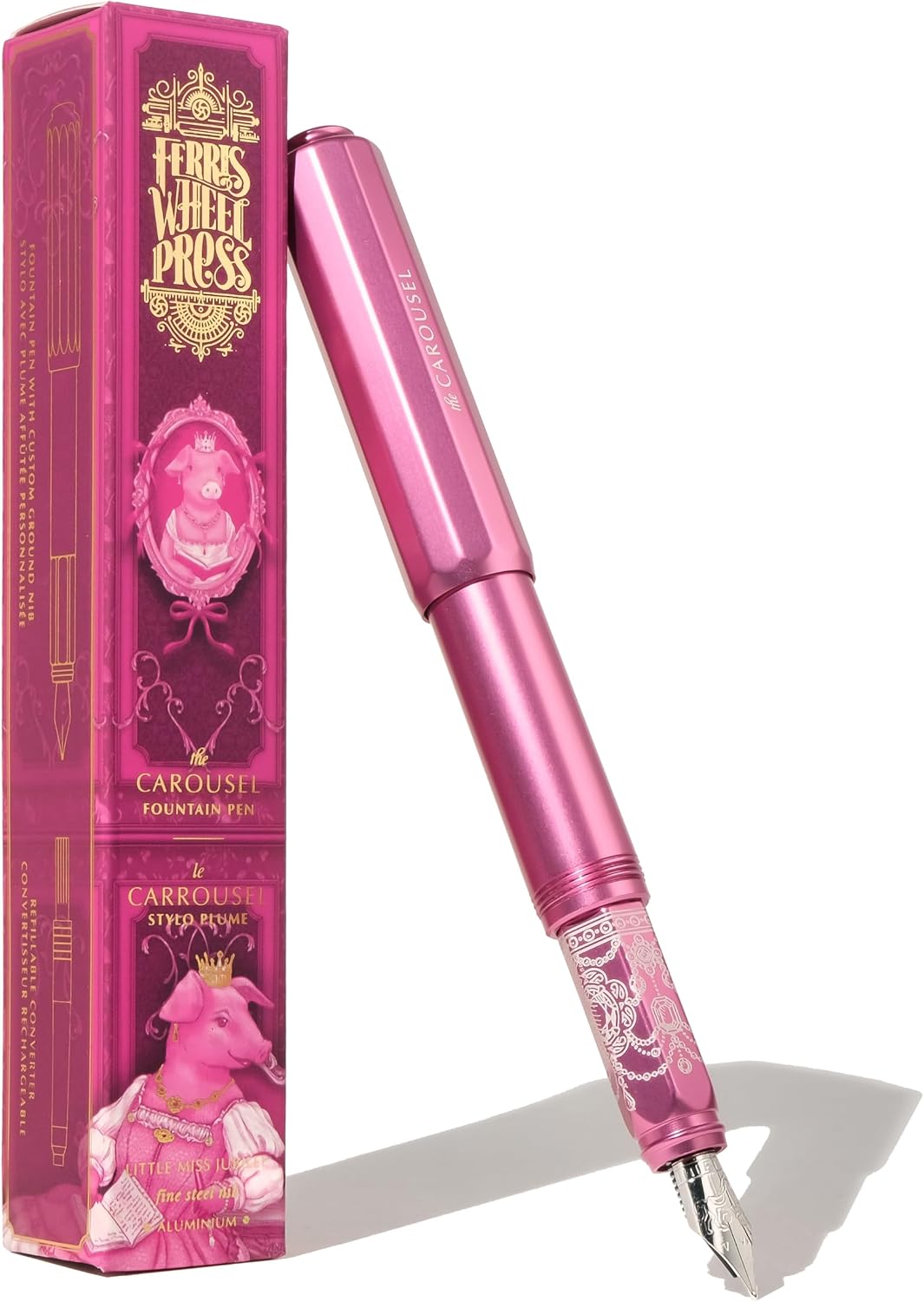 Ferris Wheel Press | Aluminum Carousel Fountain Pen | Little Miss Jubilee | Aircraft grade aluminum body | Threaded cap with air seal system | Dark Pink | Fine