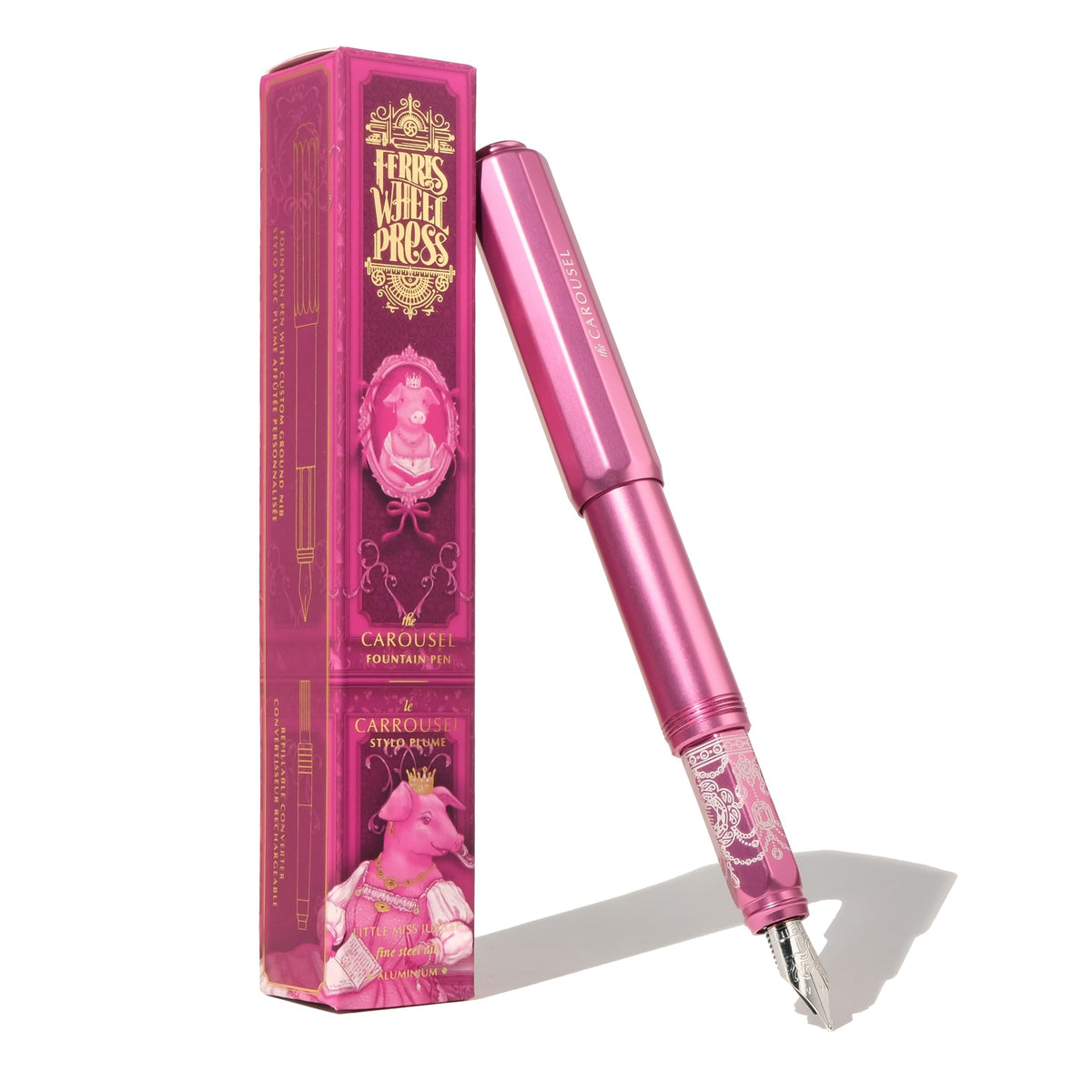 Ferris Wheel Press | Aluminum Carousel Fountain Pen | Little Miss Jubilee | Aircraft grade aluminum body | Threaded cap with air seal system | Dark Pink | Fine