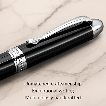 'The Boss' Black Luxury Executive Fountain Pen, Polished Lacquer, Chrome Accents, Stainless Steel Nib, Easy Refill Ink Piston Converter, Smudge Free, No Bleed, Fits Our Instant Insert Ink Cartridges
