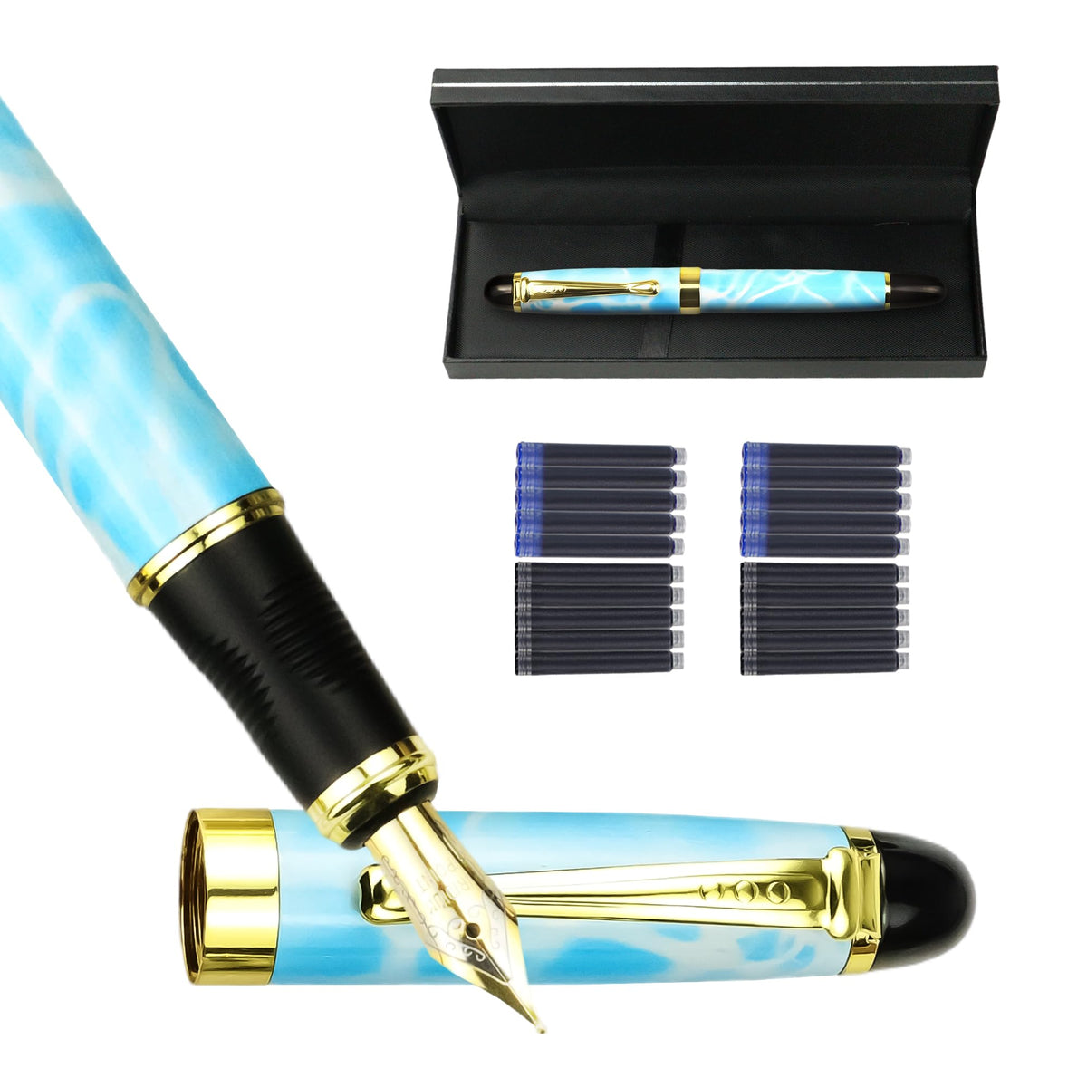 YUNCHUN Marble Fountain Pen for Writing, Refillable Luxury Metal Pens with Ink Pen with 10 Black and 10 Blue Ink Refills, Business Writing Fountain Pen for Men and Women, Marble Black