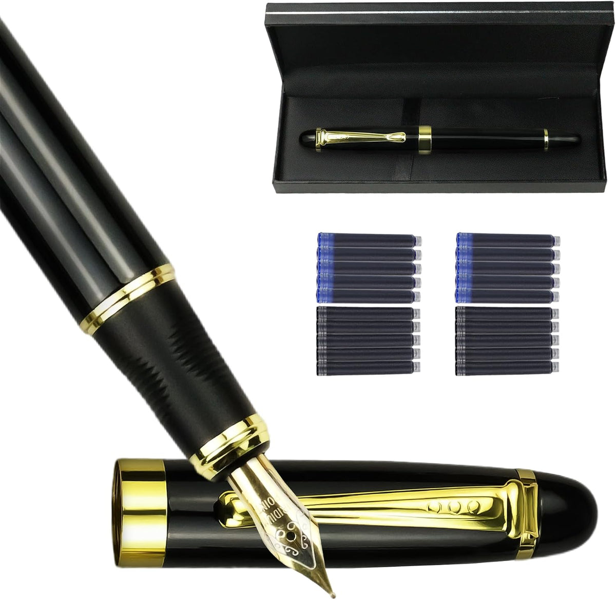 YUNCHUN Marble Fountain Pen for Writing, Refillable Luxury Metal Pens with Ink Pen with 10 Black and 10 Blue Ink Refills, Business Writing Fountain Pen for Men and Women, Marble Black