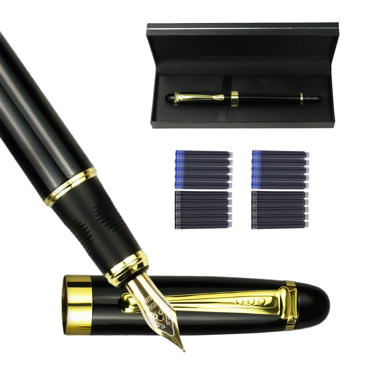 YUNCHUN Marble Fountain Pen for Writing, Refillable Luxury Metal Pens with Ink Pen with 10 Black and 10 Blue Ink Refills, Business Writing Fountain Pen for Men and Women, Marble Black