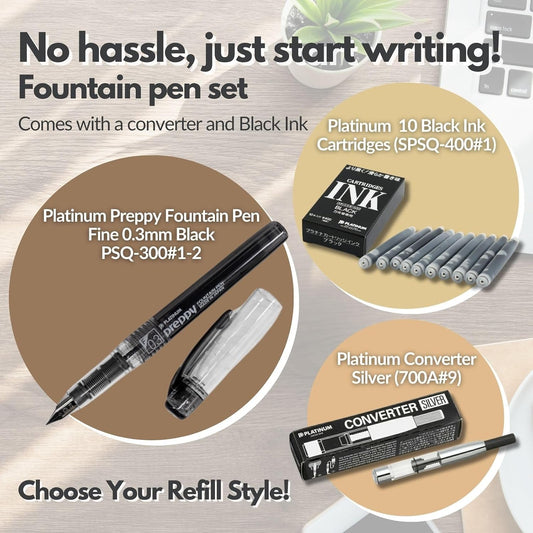 Fountain Pen Set ｜Preppy Fine Nib 0.3mm Black (PSQ-300#1-2) ＆ Converter Silver (700A) ＆ 10 Black Ink Cartridges (SPSQ-400#1) ＆ 5 Colors Sticky Notes