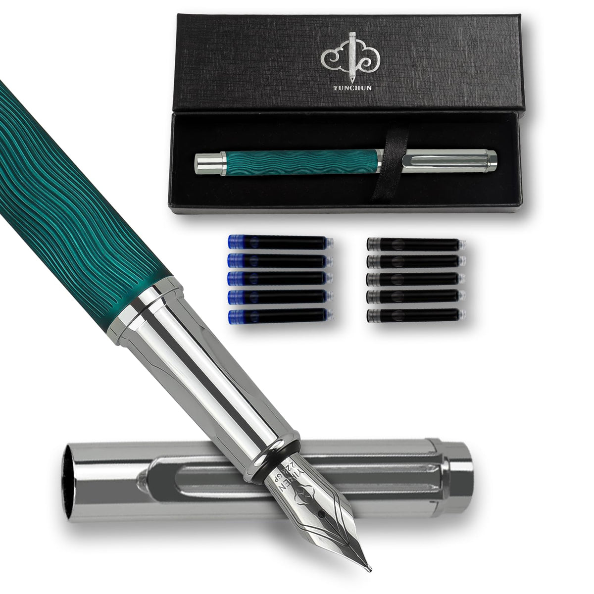 YUNCHUN Fountain Pen Set for Men Women, Streamline Design Refillable Pen with Medium Nib, 20 Ink Refills (10 Black + 10 Blue), Smooth Writing Gift, Blue