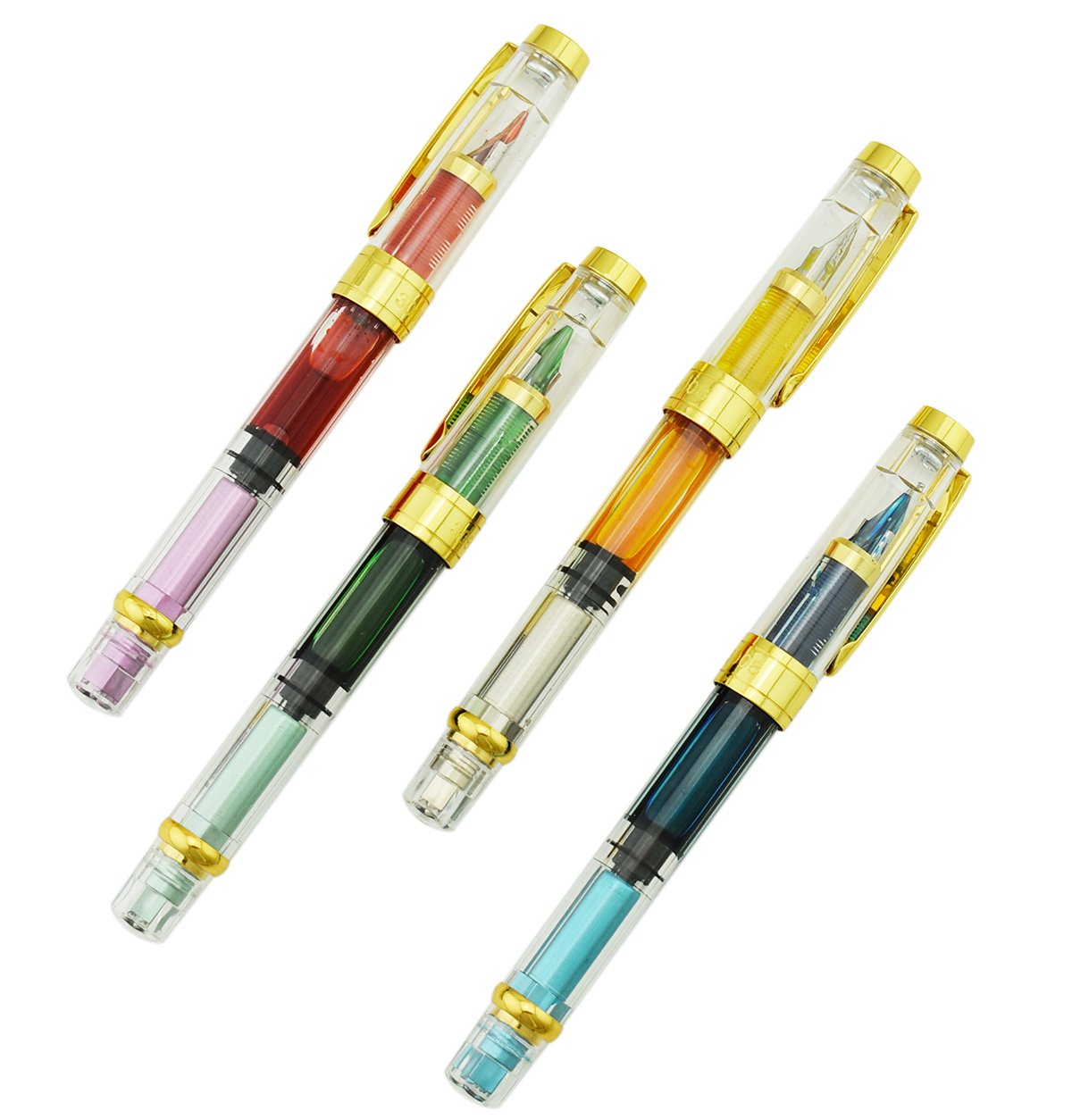 Lanxivi Yongsheng 3008 Piston Fountain Pen EF Extra Fine Nib,Transparent SilverTrim 4 Colors Set